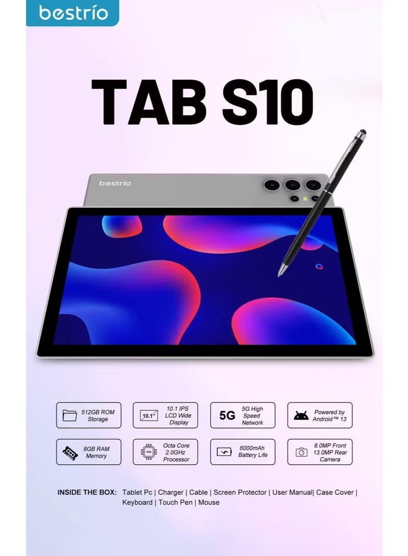 BESTRIO Tab S10 Tablet PC – 10.1" HD Display, Octa-Core, 5G, 6GB RAM + 128GB Storage, Android 13, Dual SIM – Includes Keyboard, Mouse, Stylus & Case – Grey/Blue - Image 4